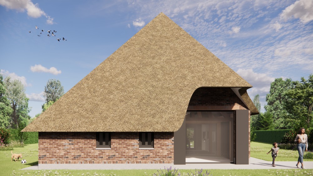 Afbeelding van Rietgedekte schuurwoning met metselwerk gevel en houten accenten - a1686411-ae7a-4145-ac12-4681cfd4a96e