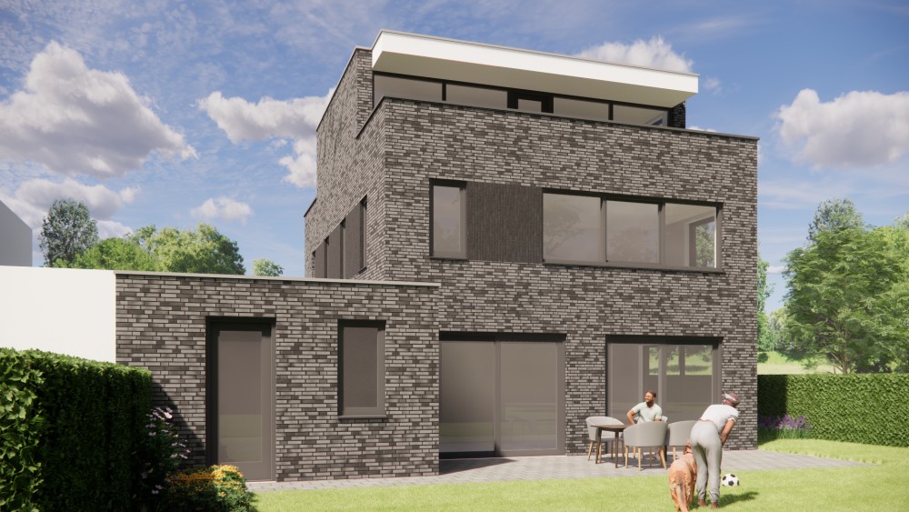 3D Render van kubistische vrijstaande woning met zwart en grijs metselwerk, plat dak en dak overstek 4