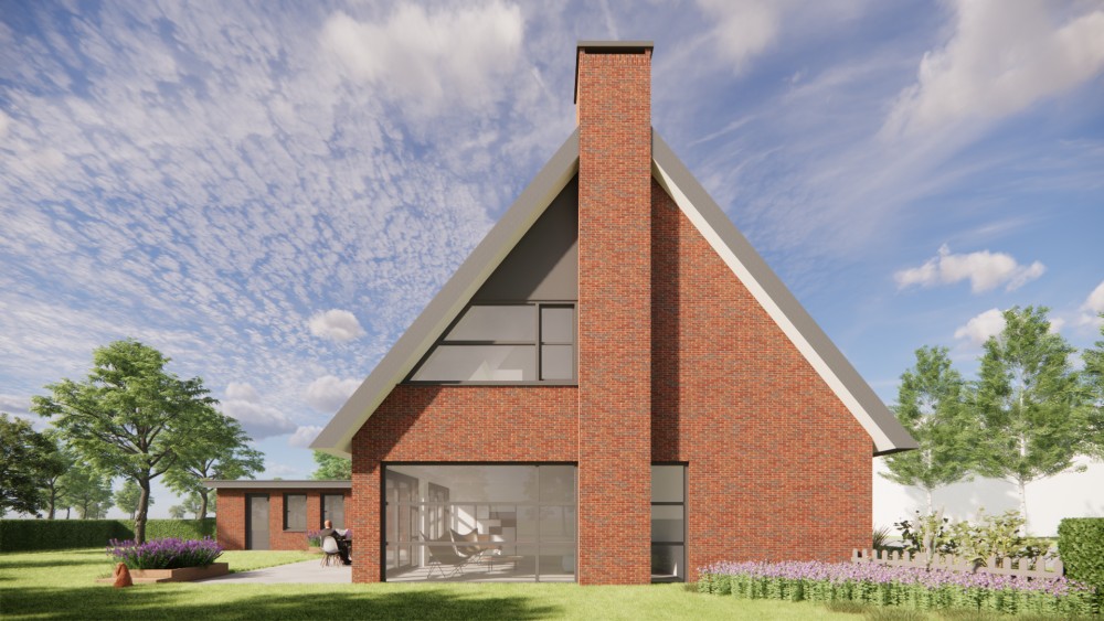 3D Render van moderne vrijstaande woning in metselwerk met zadeldak en vlakke dakpannen 7