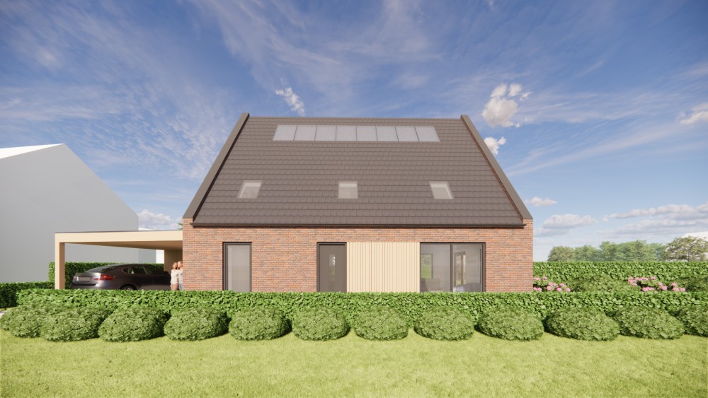 3D Render van vrijstaande moderne woning in rood metselwerk met zadeldak van vlakke dakpannen en houten accenten 5