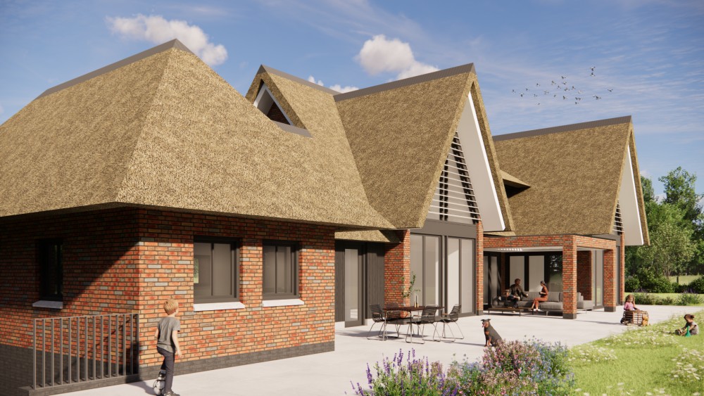 Afbeelding van Moderne woning met sprekende risaliet, rieten zadeldak en metselwerk - 978cf041-1295-45dc-9bce-2a99b93e99fd