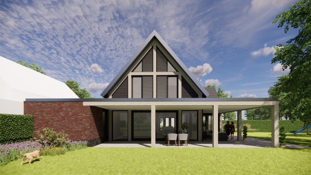 3D Render van moderne vrijstaande woning met metselwerk gevels en zadeldak met vlakke dakpannen 6
