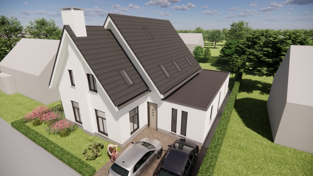 3D Render van gepleisterde gezinswoning met zadeldak, houten kozijnen en ingetogen detaillering 7