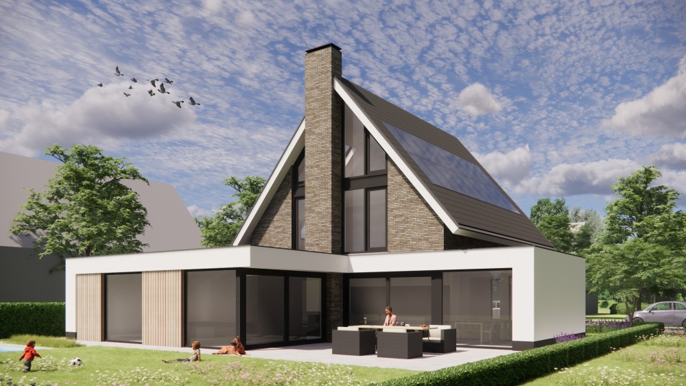 Afbeelding van Woning met wit stucwerk, houten accenten en overstekend zadeldak - 9f322150-9345-4a07-b722-9e94f3242671