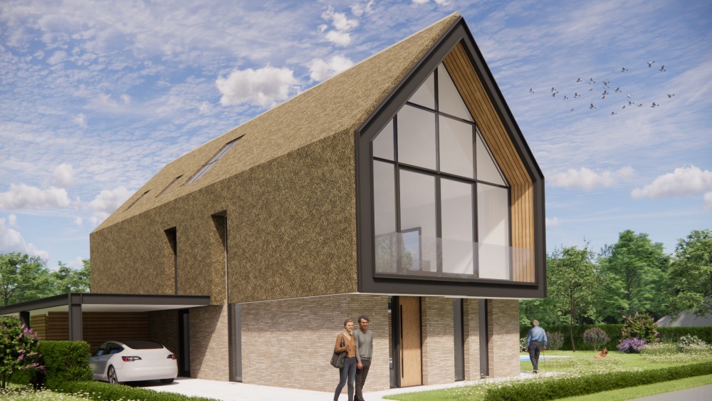 Afbeelding van Rietgedekt landhuis met stalen spanten en diepe dakoverstekken - 24eba8ef-bc5d-437b-b1c1-3866781007da