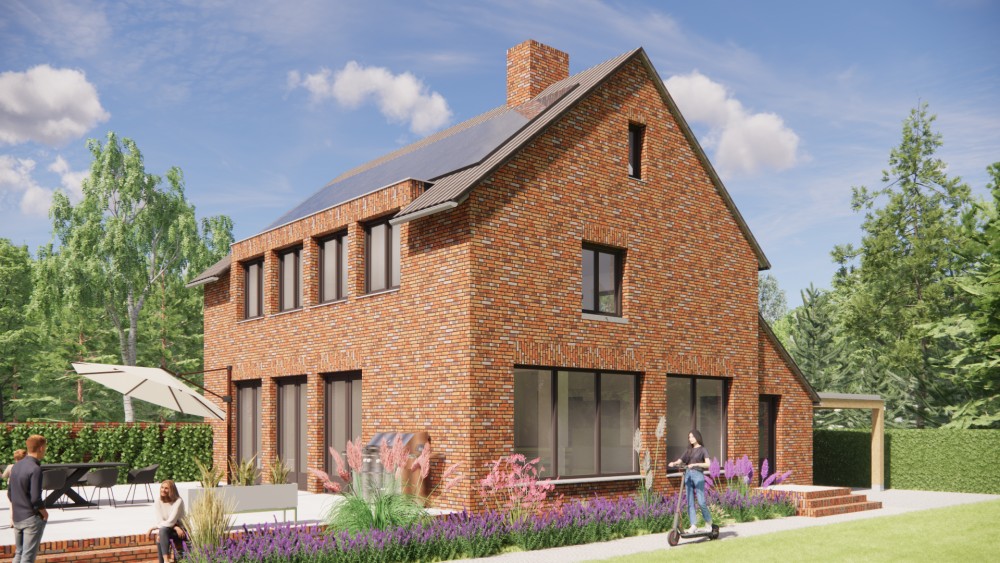 3D Render van woning met zadeldak in gegolfde dakpannen en roodbruin metselwerk met dakkapel 4