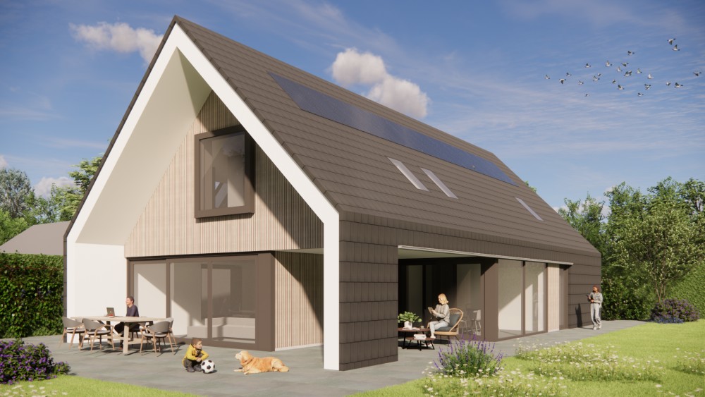 Afbeelding van Moderne schuurwoning met zadeldak, houtaccent en vlakke dakpannen - 3ca6a6c9-9495-45d3-a447-591a231d594b