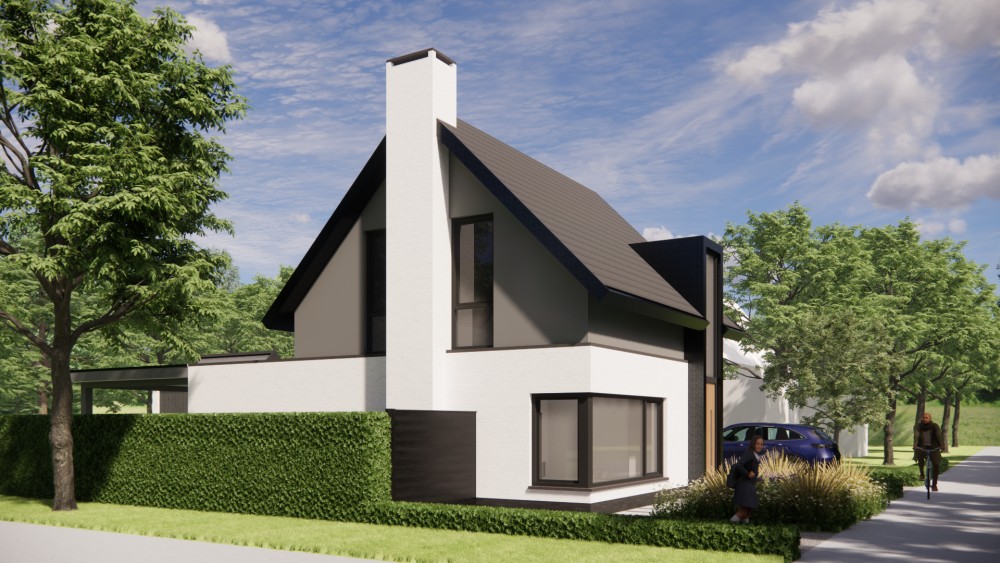 3D Render van vrijstaande moderne woning met wit gekeimd metselwerk, zadeldak met vlakke dakpan en houtaccenten 7