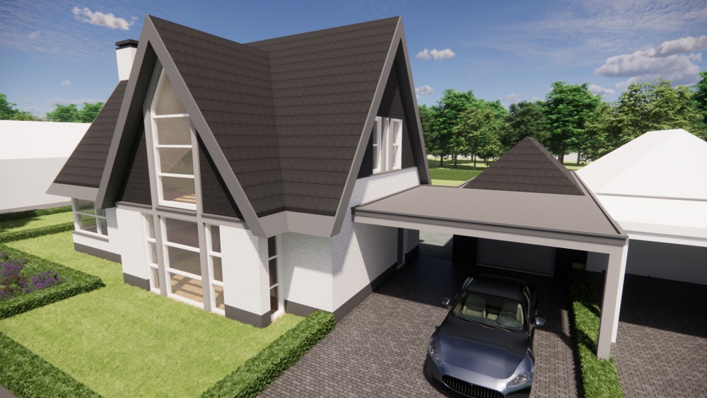 Afbeelding van Vrijstaande moderne woning met wit en zwart metselwerk en zadeldak met vlakke dakpannen - 40c39286-de74-4628-a76a-67b0f376ebe7