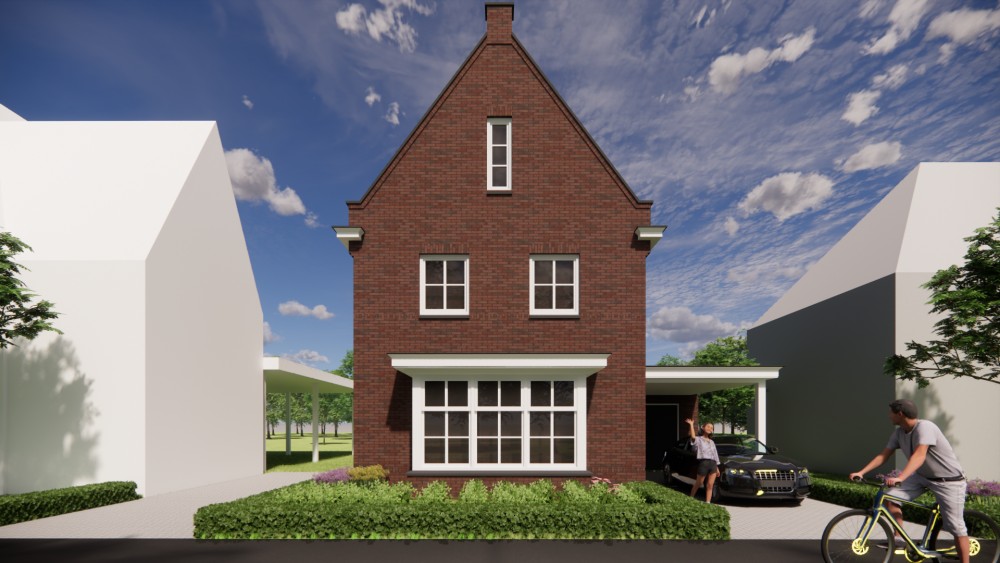 3D Render van vrijstaande jaren 30 woning met metselwerk, erker en zadeldak met gegolfde dakpannen 15