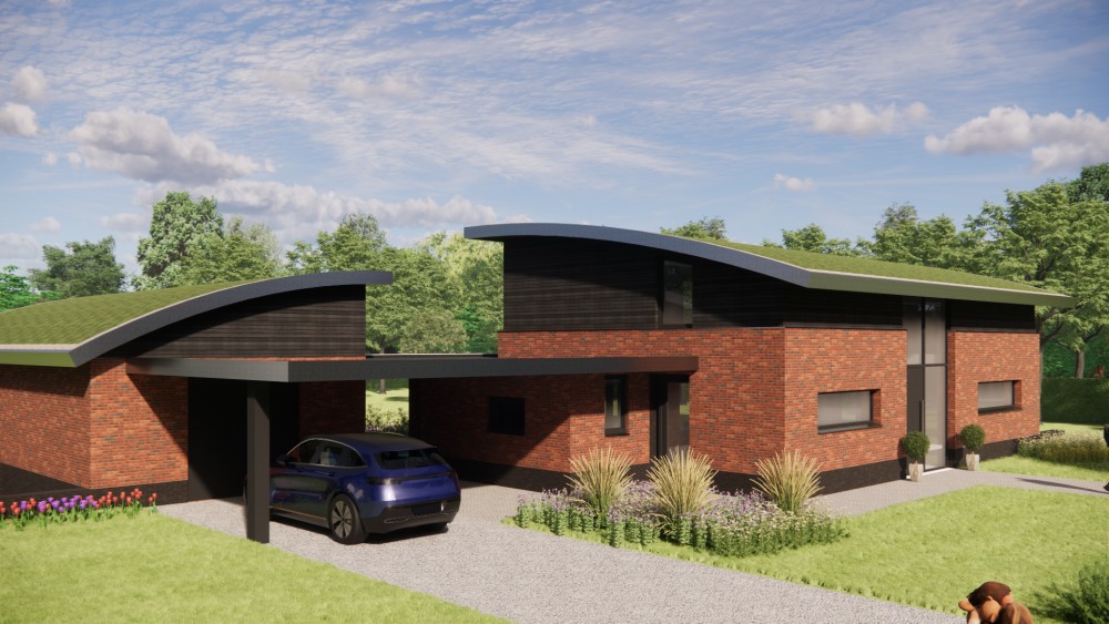 Afbeelding van Eigentijdse vrijstaande woning met gebogen groendak, metselwerkgevels en houten accenten - d2dfbc5b-dd6d-4dfd-854b-f9e5bef2e534