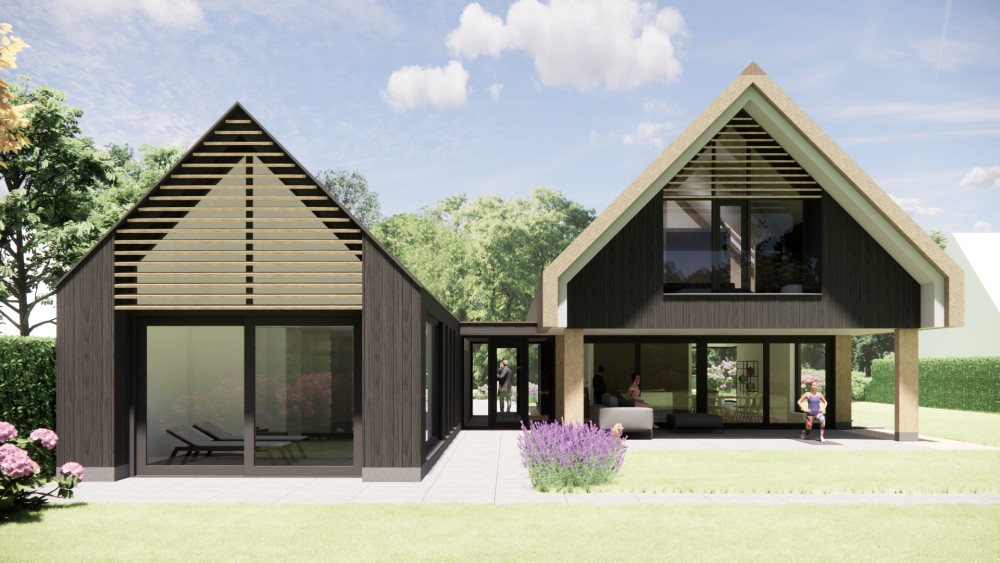 3D Render van moderne zwarte houten schuurwoning met zadeldak 7