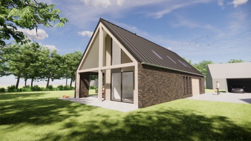 Project image Schuurwoning met houten gevels, metalen zadeldak en overdekt terras - f6924bf9-6530-4759-8442-0081675a818e