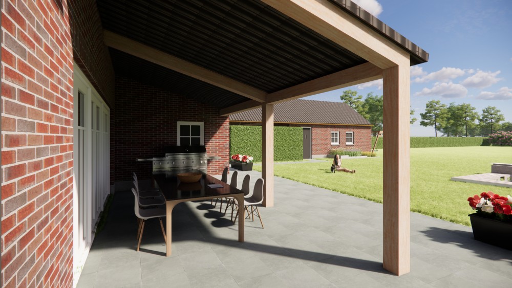 3D Render van landelijke boerderijwoning met rieten dak en metselwerkgevels 5