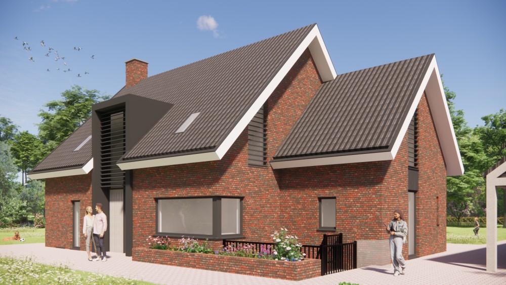 Afbeelding van Landelijk-modern woonhuis met metselwerk, houten balken en gegolfd zadeldak - 756b93cf-261c-4393-81d6-1893cc04da01