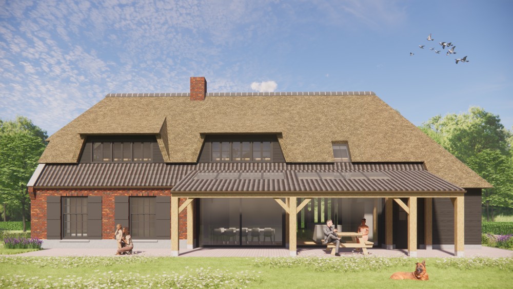 3D Render van boerderijwoning met rieten wolfsdak, houten accenten en metselwerkgevels 5