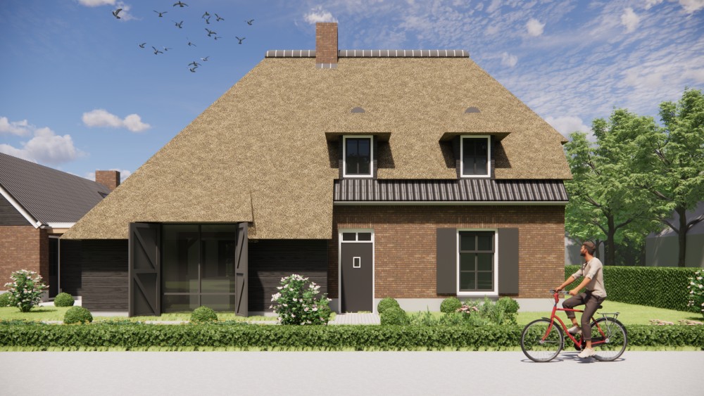 3D Render van vrijstaand landelijk huis met metselwerk gevels en wolfsdak in riet en gegolfde pannen 5