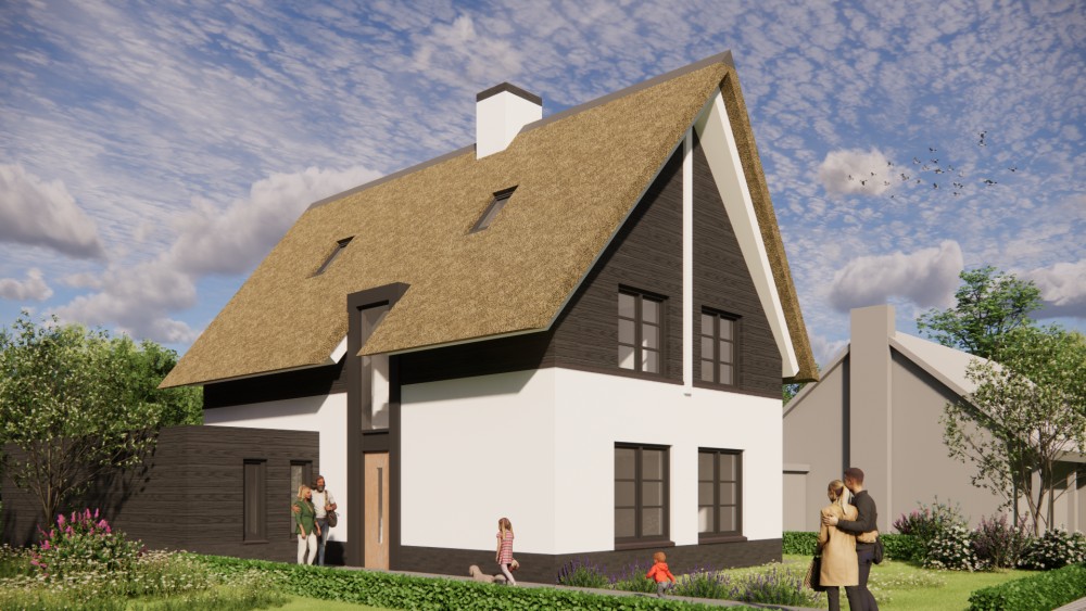 Afbeelding van Rietgedekt landhuis met wit pleisterwerk en houten accenten - 1ee08922-5d19-49ba-820d-d1f67b1f66e2