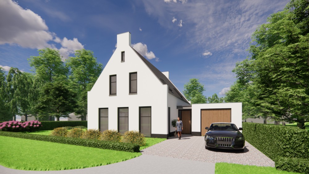 Afbeelding van Vrijstaande moderne woning met pleisterwerk en zadeldak met gegolfde dakpannen - 7ce55cb2-d318-4906-8cd4-cabd9cbdaf77