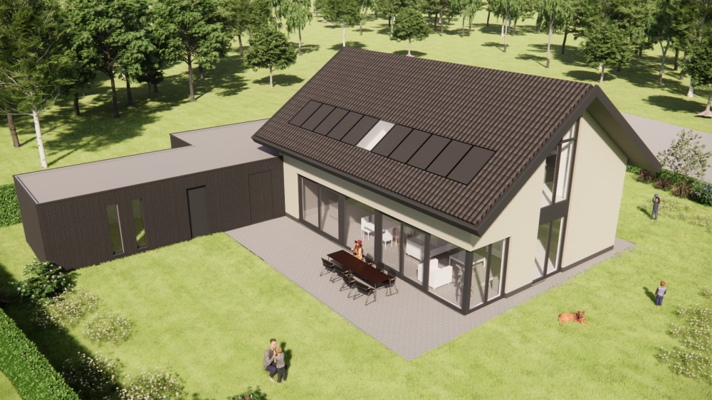 3D Render van strakke moderne woning met pleisterwerk gevels, hoekkozijnen en houten accenten 8