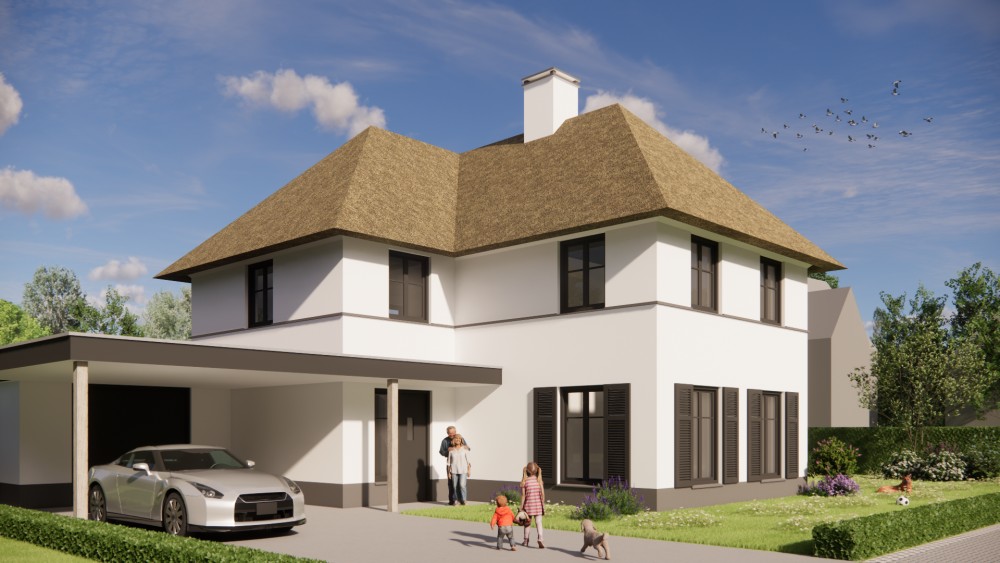 Afbeelding van Vrijstaande eigentijdse woning met wit pleisterwerk en rieten schilddak - 9ca4f8b9-9218-41e0-9aa1-f1d1bb745a23