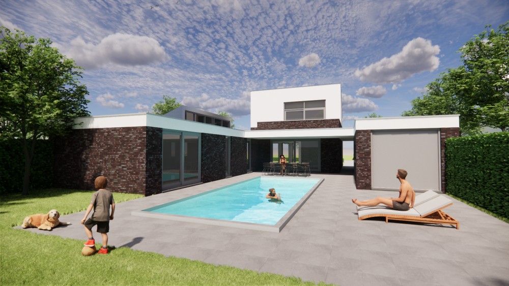 Afbeelding van Moderne woning met donkerrode baksteen, wit pleisterwerk en lessenaarsdak - 1210b361-a440-47e6-9dce-f19dd6288e2a