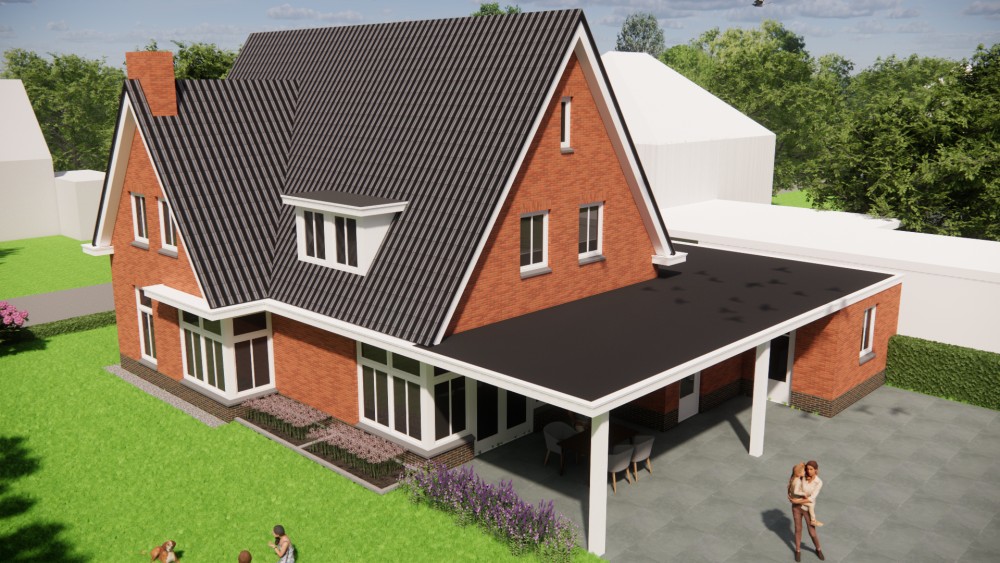 3D Render van vrijstaande jaren 30 woning met rood metselwerk, zadeldak met gegolfde dakpannen en dakkapel 8