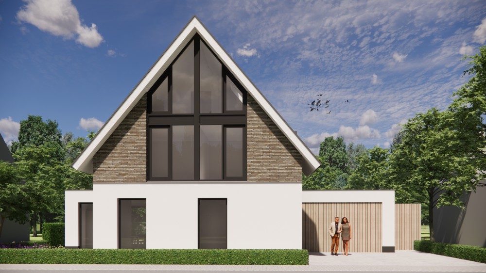 3D Render van woning met wit stucwerk, houten accenten en overstekend zadeldak 6