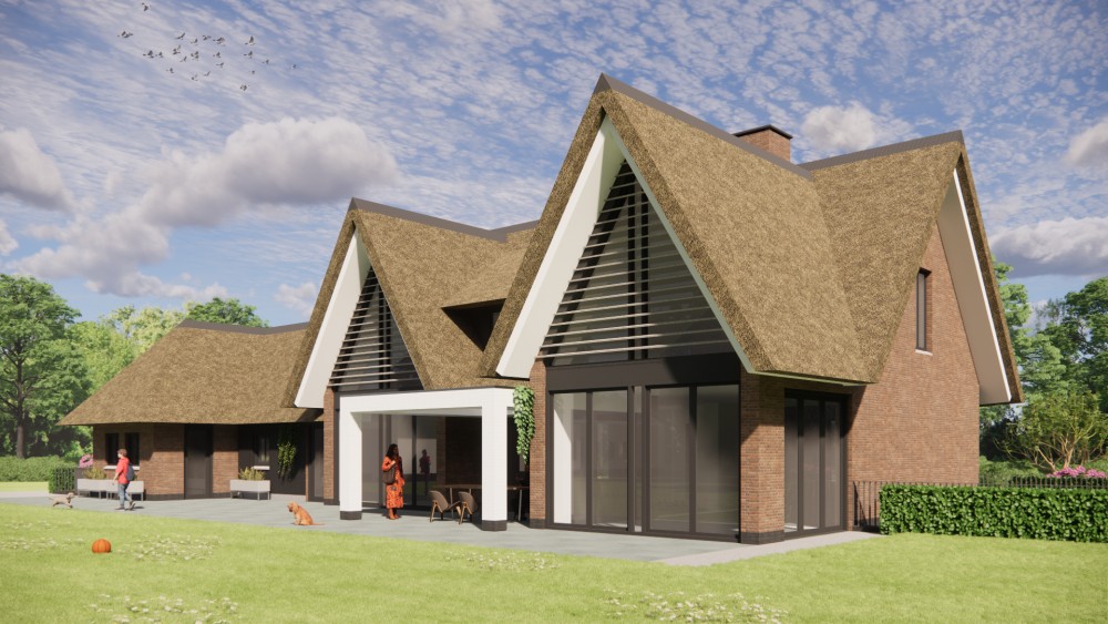 Afbeelding van Moderne woning met sprekende risaliet, rieten zadeldak en metselwerk - 978cf041-1295-45dc-9bce-2a99b93e99fd