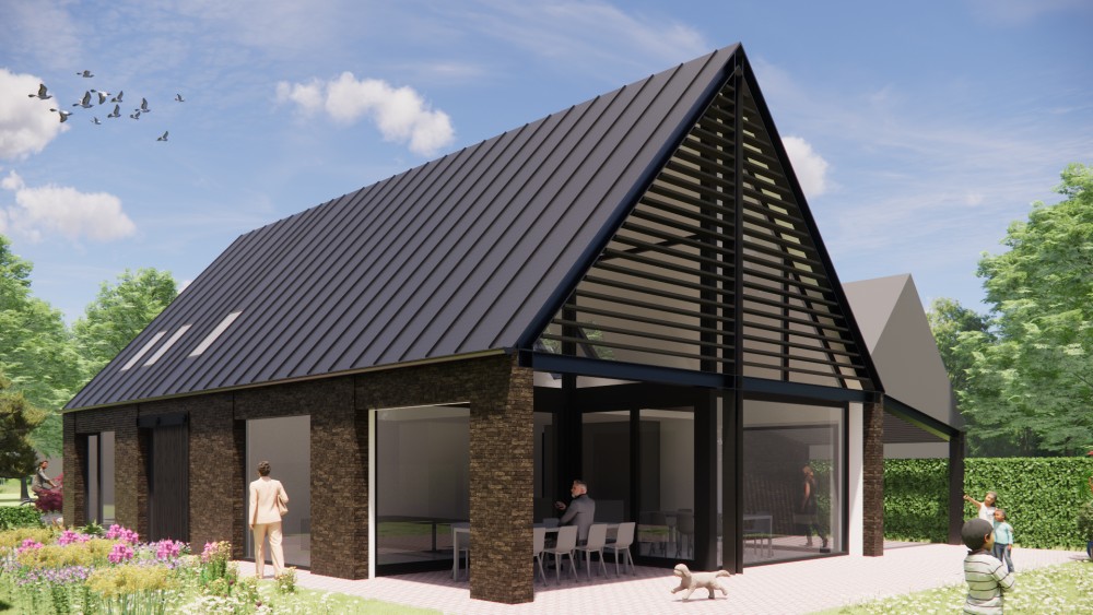 3D Render van schuurwoning met stalen spant, metselwerk gevel en felsplaten zadeldak 4