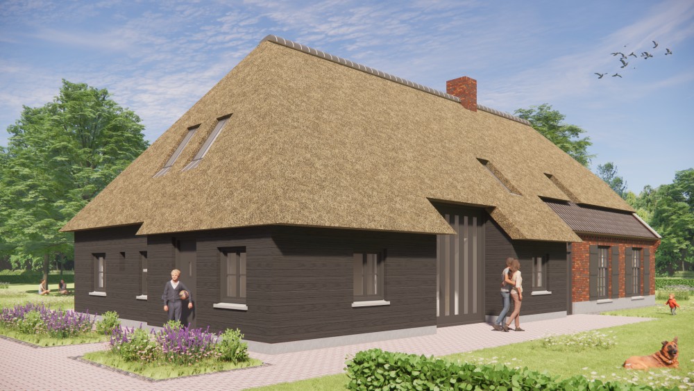 3D Render van boerderijwoning met rieten wolfsdak, houten accenten en metselwerkgevels 4
