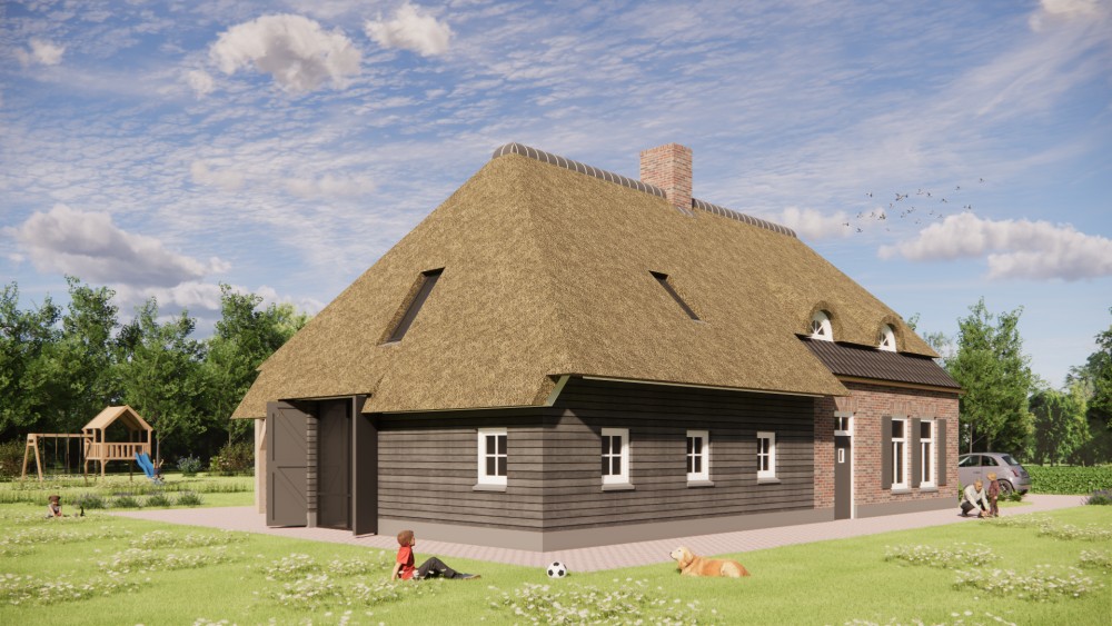 Afbeelding van Rietgedekte boerderijwoning met metselwerk, houten accenten en royale overstekken - 80a57b49-a699-481a-9acf-a2a3f8abeafa