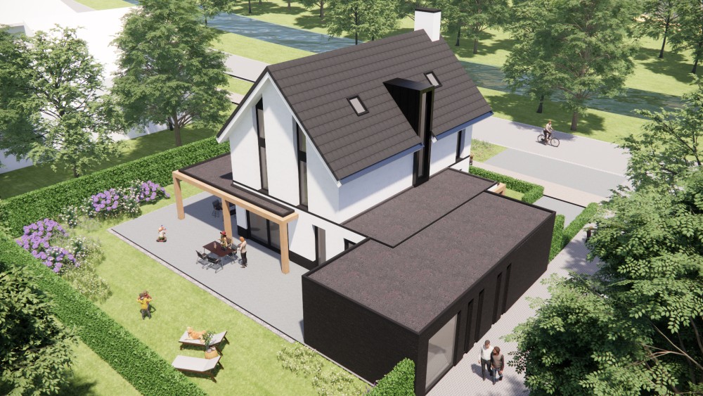 3D Render van moderne woning met strak pleisterwerk, houten accenten en royale overstekken 8