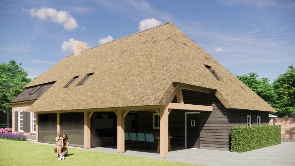 3D Render van vrijstaande schuurwoning met schilddak in metselwerk en hout 5