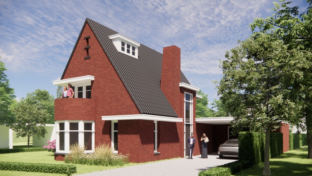 3D Render van vrijstaande jaren 30 woning in metselwerk met zadeldak en gegolfde dakpannen 5