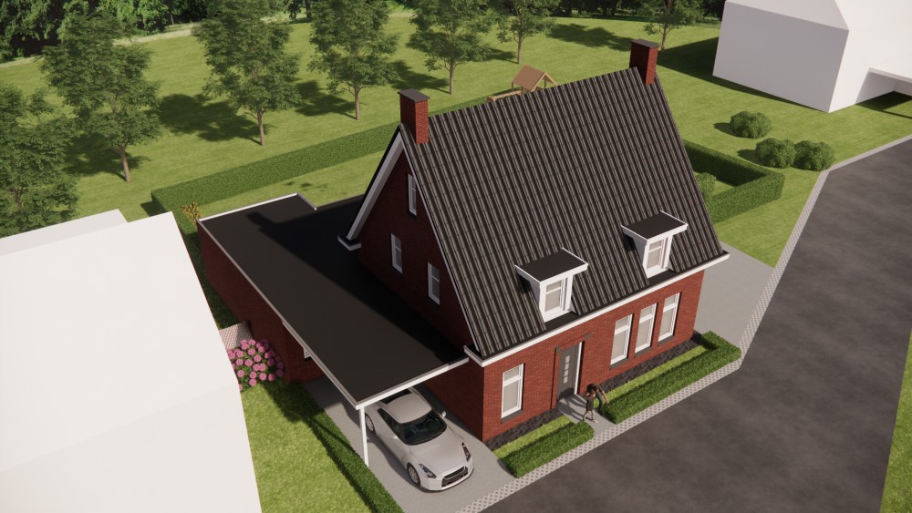 3D Render van jaren 30 notariswoning met zadeldak, metselwerk en houten kozijnen 10