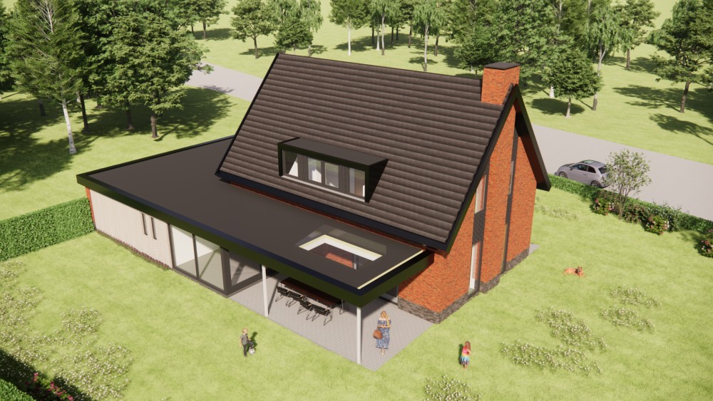 3D Render van landelijke woning met metselwerk gevels, houten accenten en overdekt terras 7