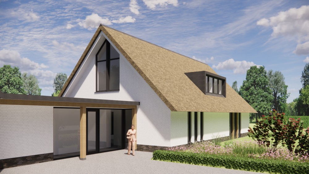 3D Render van moderne L-vormige woning met rieten zadeldak en gekeimde gevels 5
