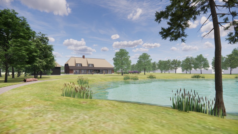 3D Render van traditionele boerderijwoning met rieten wolfsdak en gevel van hout en metselwerk 4