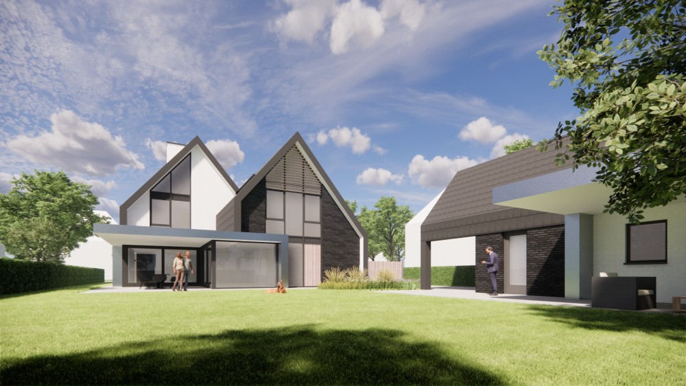 3D Render van eigentijdse villa met metselwerk gevels en zadeldak met vlakke dakpannen 7