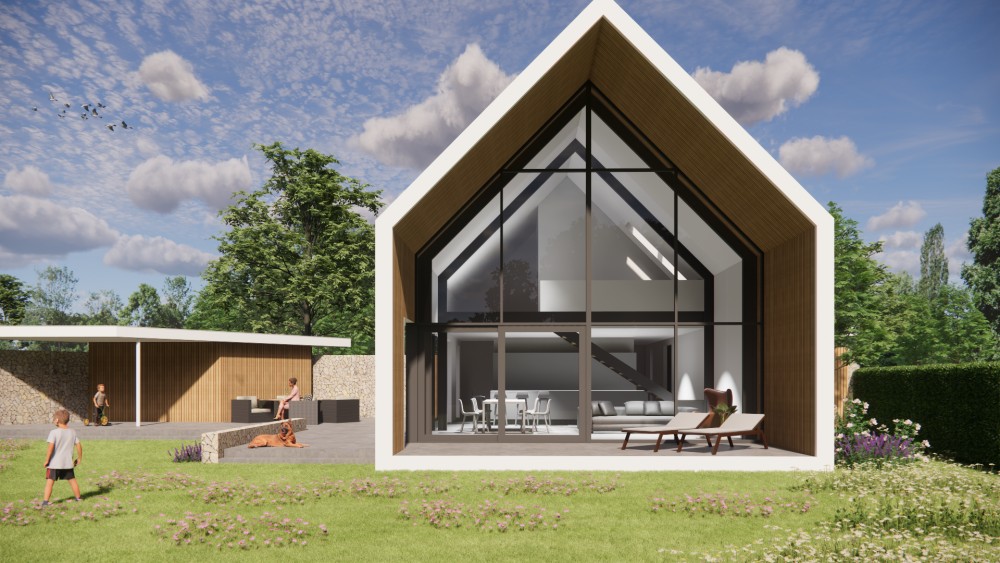 3D Render van landelijke schuurwoning met natuurlijke materialen en heldere zichtlijnen 4