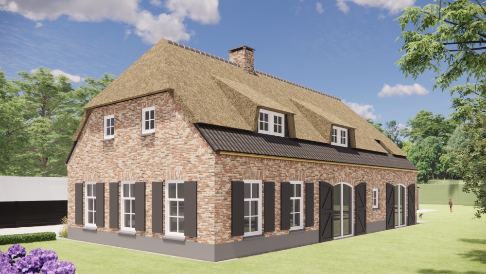 3D Render van vrijstaande landelijke woning met rieten wolfsdak en bruine metselwerkgevel 5