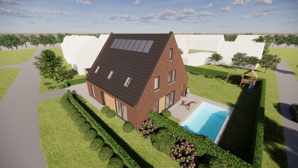 3D Render van vrijstaande moderne woning in rood metselwerk met zadeldak van vlakke dakpannen en houten accenten 8