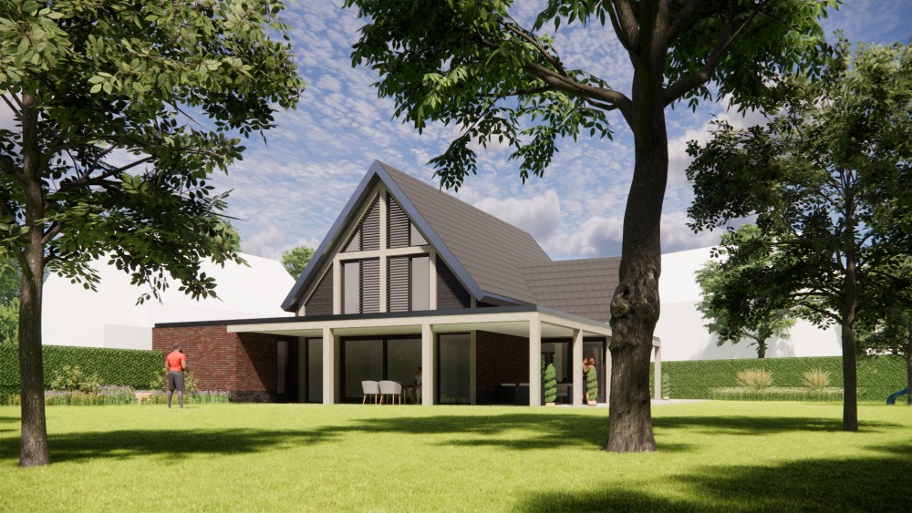 3D Render van moderne vrijstaande woning met metselwerk gevels en zadeldak met vlakke dakpannen 6