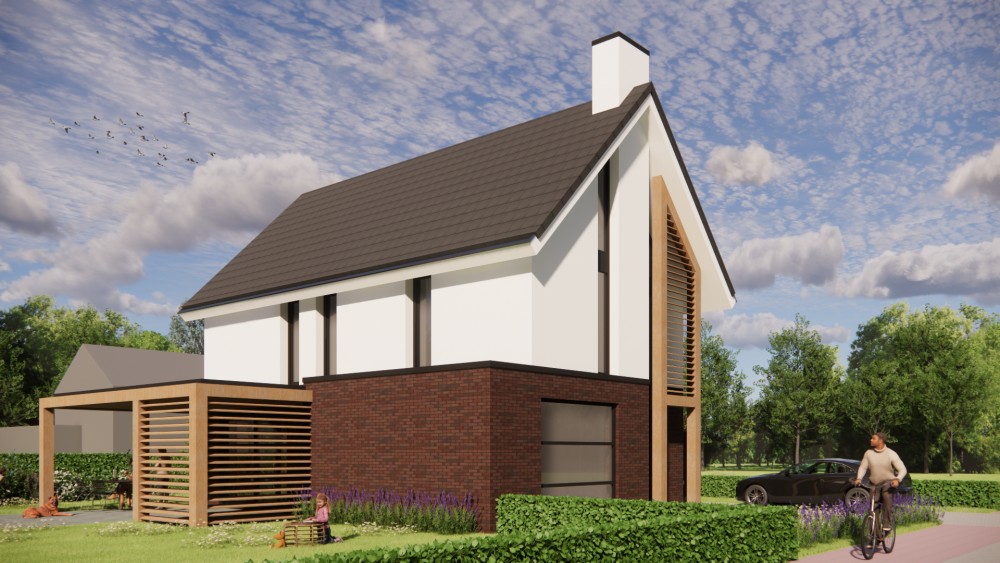 Afbeelding van Witgepleisterde moderne woning met risaliet, houten accenten en vlakke dakpannen - 65f24f52-01a6-4737-8a4b-ec7e112b827d