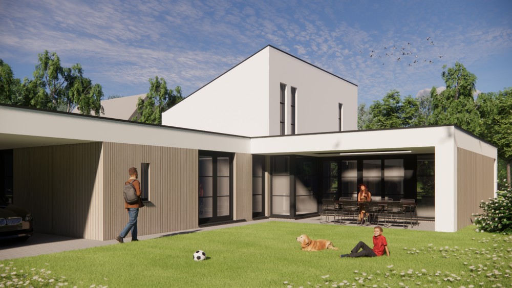 Afbeelding van Moderne woning met houten gevels, wit pleisterwerk en lessenaarsdak - 55750e6d-a5e5-4c7d-be42-ecd5c7ea9daf