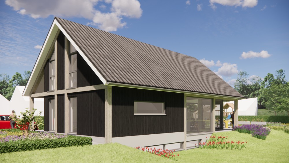 3D Render van vrijstaande schuurwoning met houten gevel, hoekkozijnen en overkapt terras 5