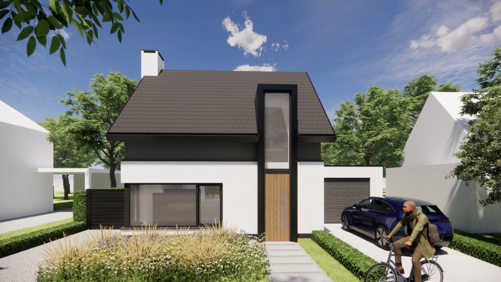 3D Render van vrijstaande moderne woning met wit gekeimd metselwerk, zadeldak met vlakke dakpan en houtaccenten 5