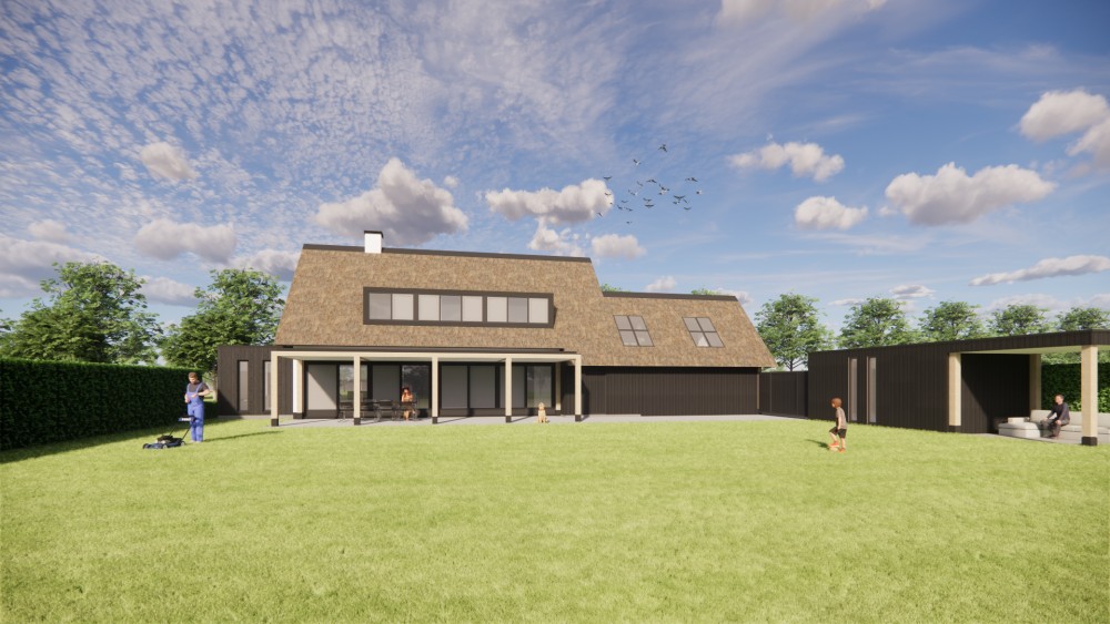 Afbeelding van Landelijke woning met rieten kap, witte gevels en houten accenten - c847914a-39ce-450e-b06d-a67b8bea3210