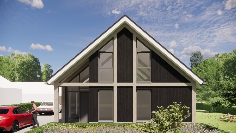 3D Render van vrijstaande schuurwoning met houten gevel, hoekkozijnen en overkapt terras 8